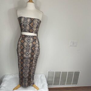 Amazon Women's Brown Snakeskin Print Strapless Cutout Midi Dress Size Large Boho